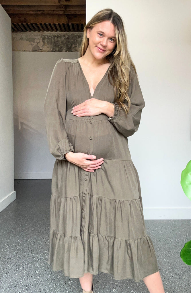 CHARITY TIERED MIDI DRESS - KHAKI