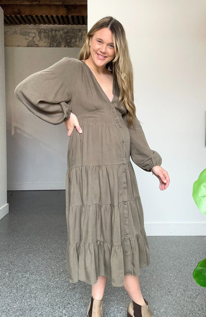 CHARITY TIERED MIDI DRESS - KHAKI