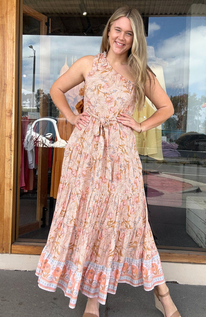 POPPY ONE SHOULDER MAXI DRESS - PEACH FLORAL