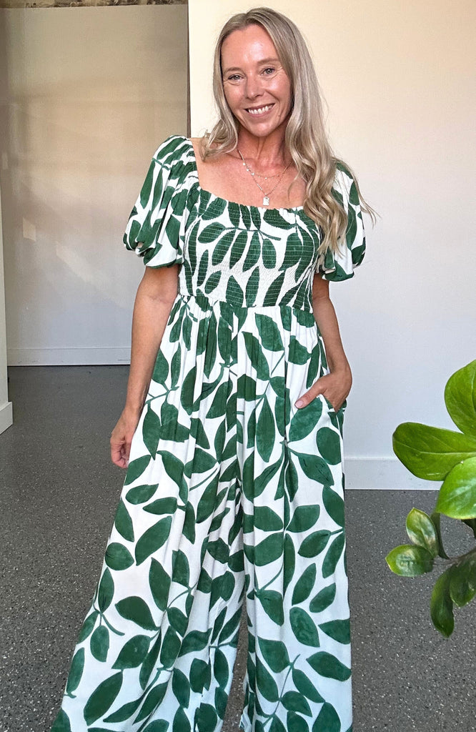 SHELBY SHIRRED JUMPSUIT - GREEN LEAF PRINT