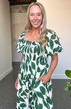 SHELBY SHIRRED JUMPSUIT - GREEN LEAF PRINT