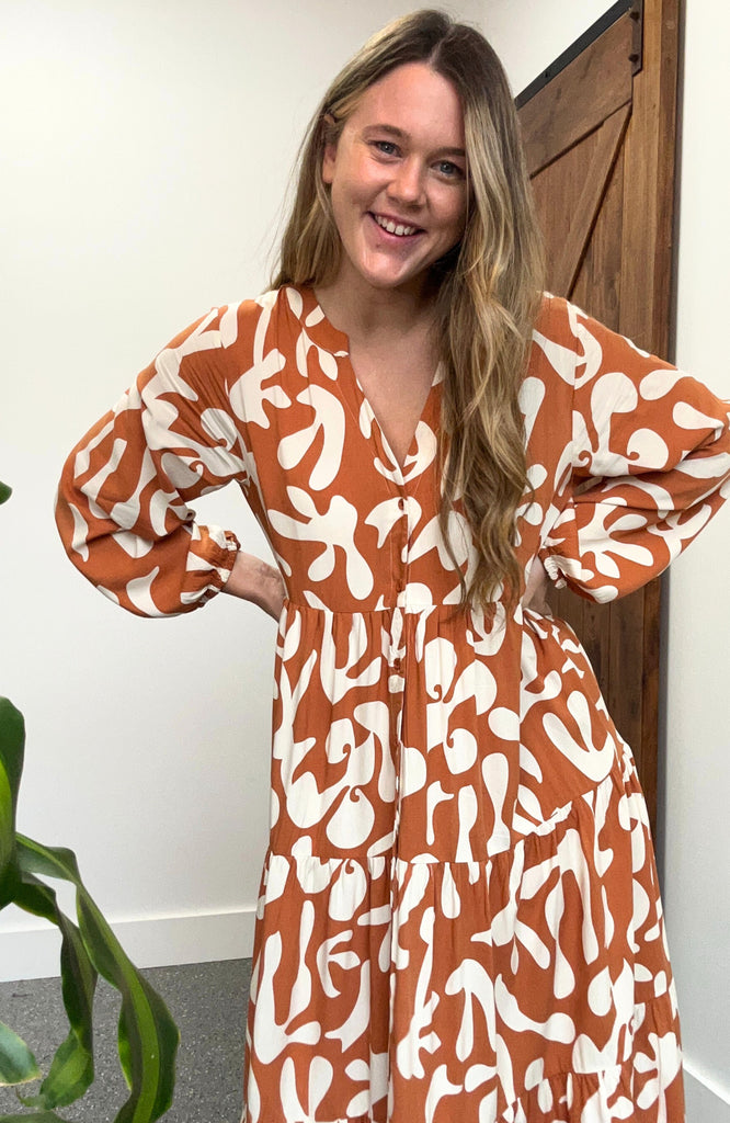 CLARA MIDI DRESS - RUST PRINT