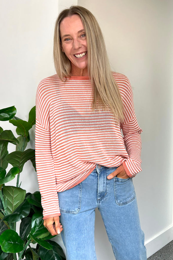 SPRING KNIT LONG SLEEVE TOP - PEACH/WHITE STRIPE