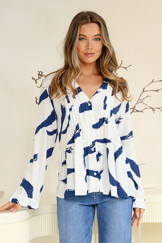 ABBEY LONG SLEEVE PINTUCK BLOUSE - WHITE/NAVY