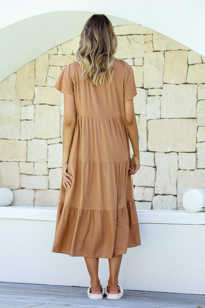 AIMEE BUTTON FRONT MIDI DRESS - TAN LINEN BLEND