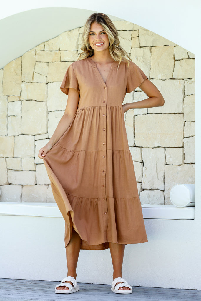 AIMEE BUTTON FRONT MIDI DRESS - TAN LINEN BLEND