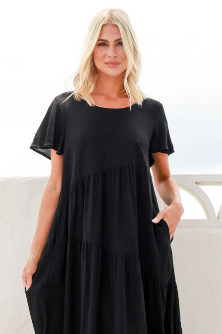 ALANI ANGLE TIER MAXI DRESS - BLACK LINEN BLEND