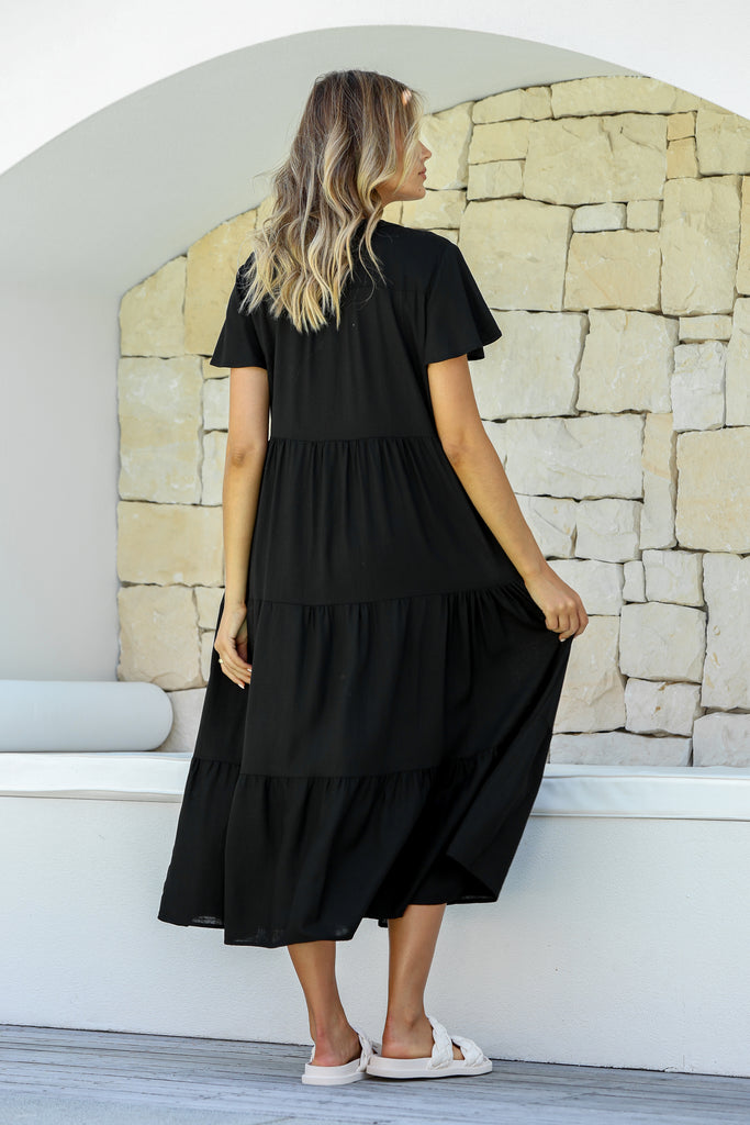 AIMEE BUTTON FRONT MIDI DRESS - BLACK LINEN BLEND