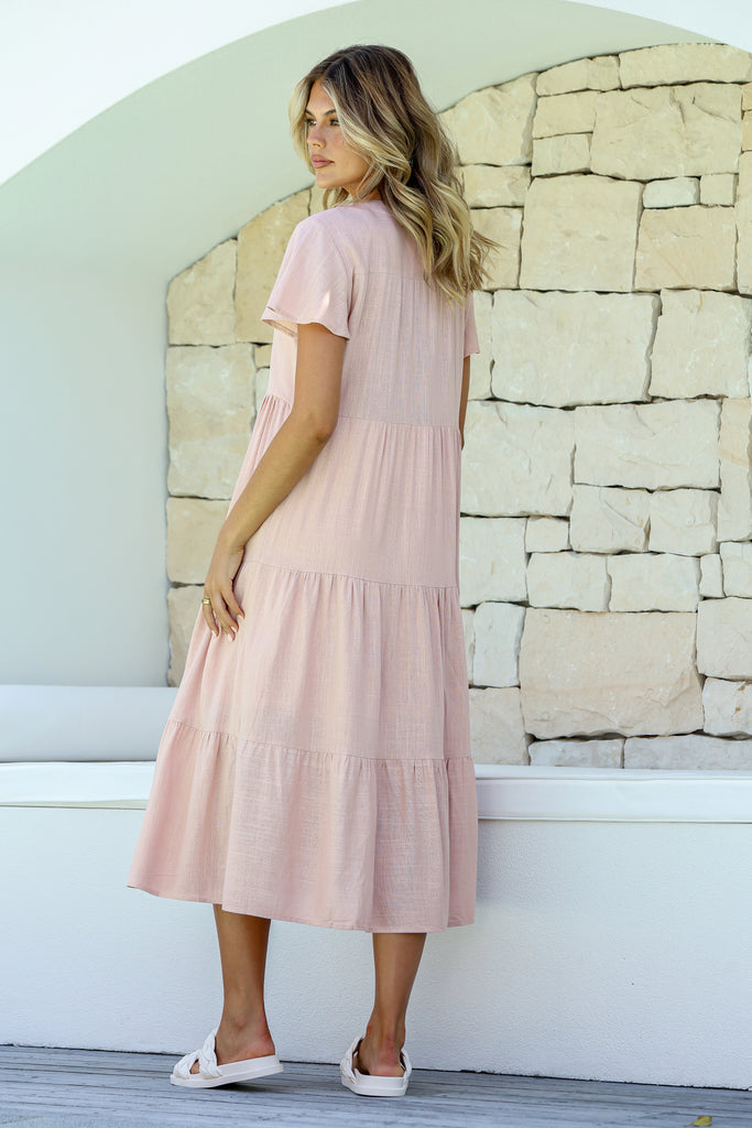 AIMEE BUTTON FRONT MIDI DRESS - BLUSH LINEN BLEND