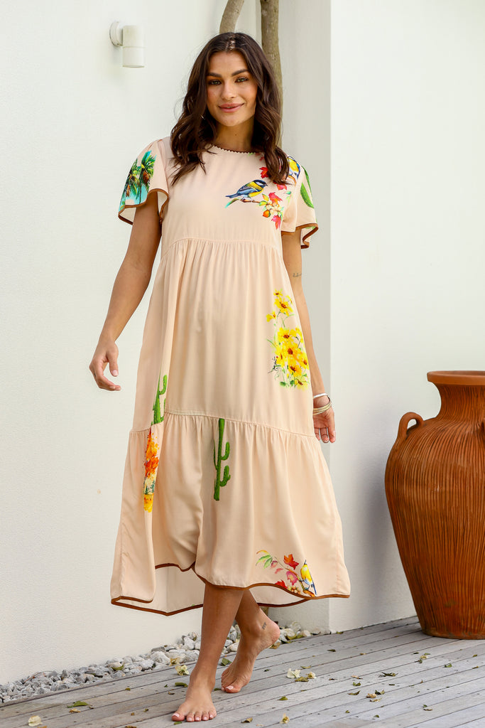 CHATEAU MIDI DRESS - PEACH CACTUS PRINT