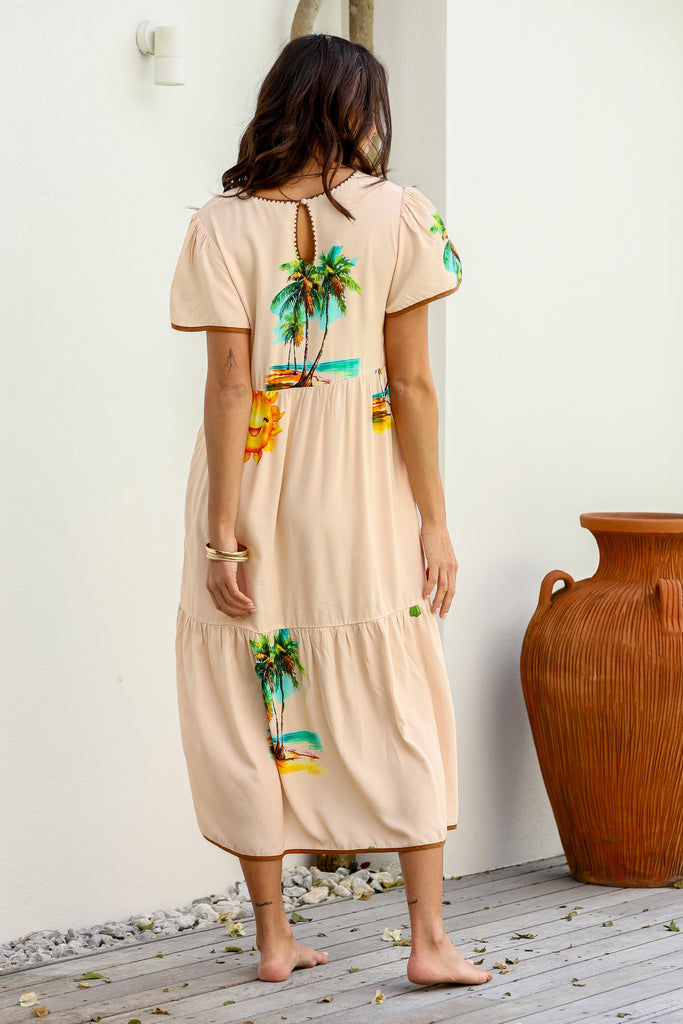 CHATEAU MIDI DRESS - PEACH CACTUS PRINT