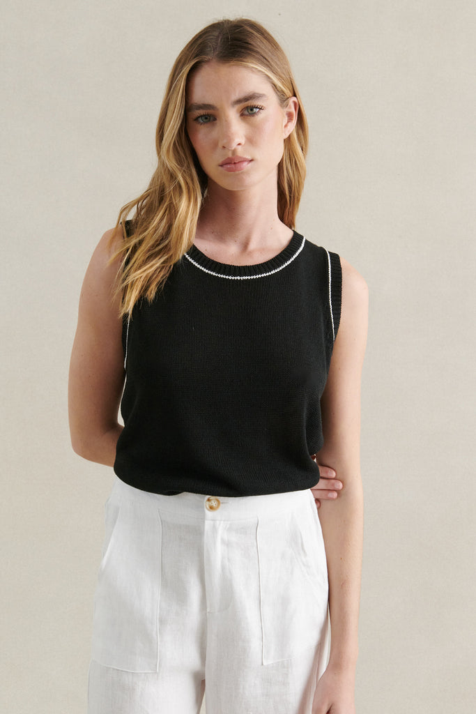 CONTRAST STITCH KNIT TANK - BLACK