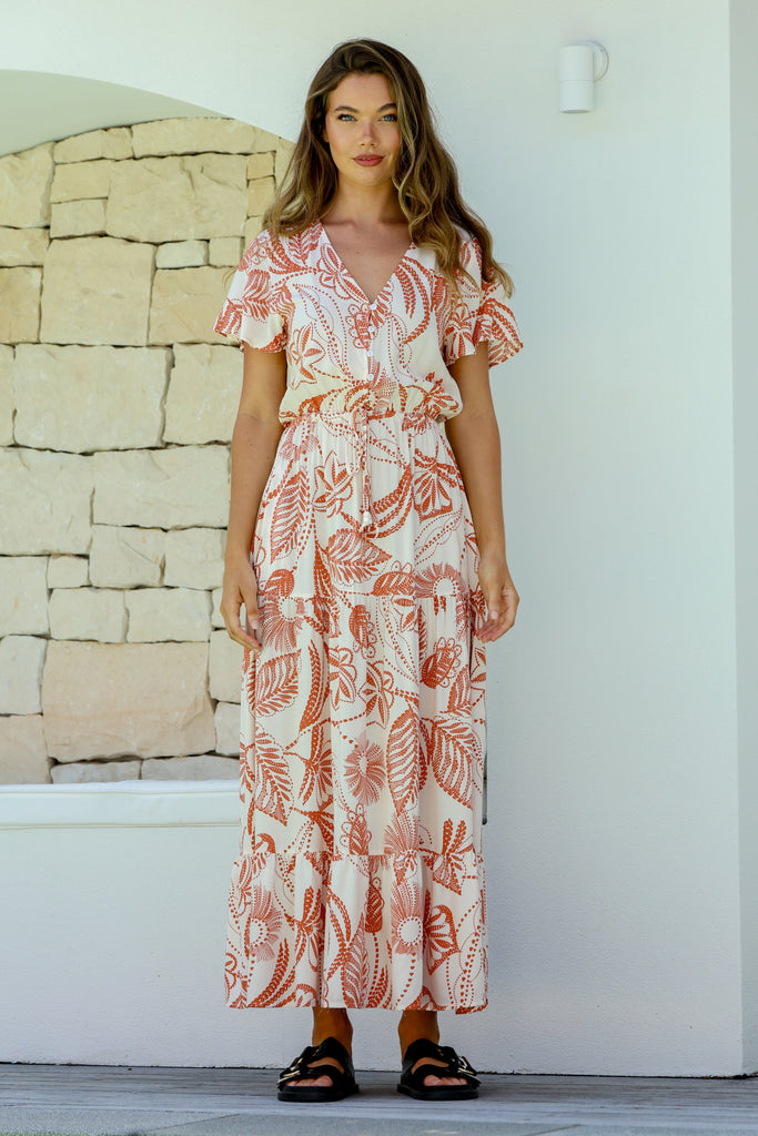 LILAH DANDELION PRINT MAXI DRESS - LATTE/TAN