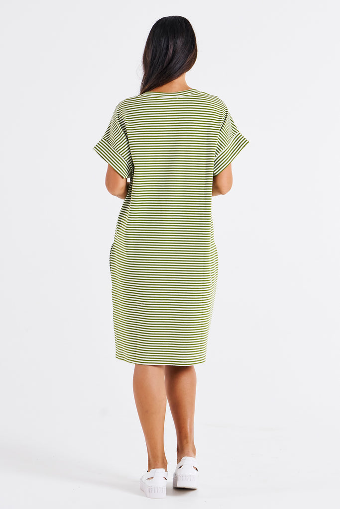 ELISE V-NECK RIB DRESS - AVOCADO STRIPE