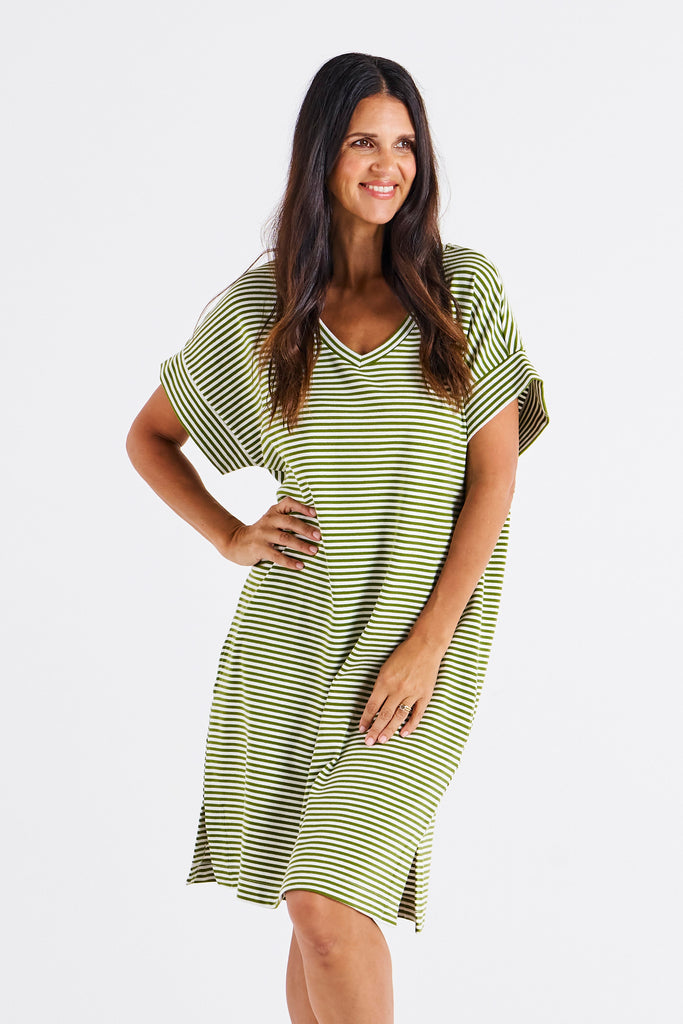 ELISE V-NECK RIB DRESS - AVOCADO STRIPE