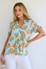 ELLA FRILL TOP - AQUA/TAN FLORAL PRINT