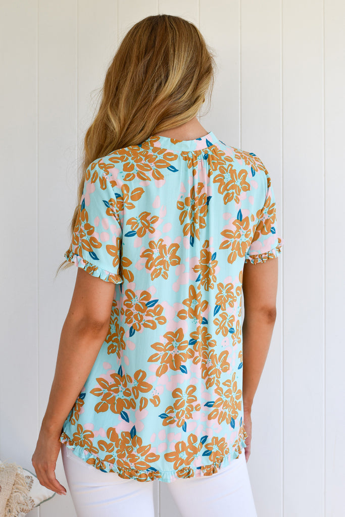 ELLA FRILL TOP - AQUA/TAN FLORAL PRINT