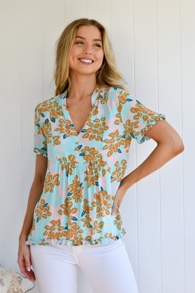 ELLA FRILL TOP - AQUA/TAN FLORAL PRINT