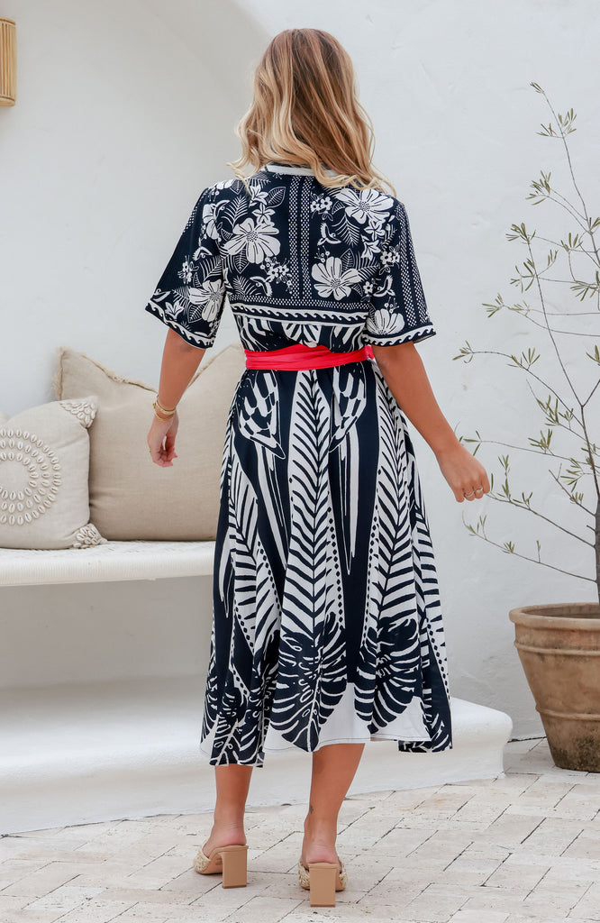 TROPICAL FEATHER DRESS - NAVY/WHITE