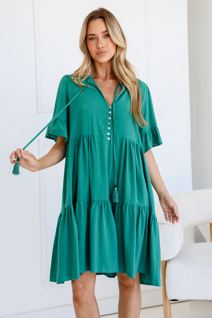 HANNAH LINEN BLEND MINI DRESS - EMERALD