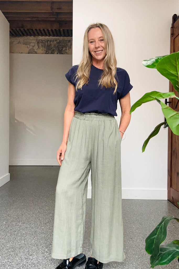 GRACIE LINEN PULL ON WIDE LEG PANT - KHAKI