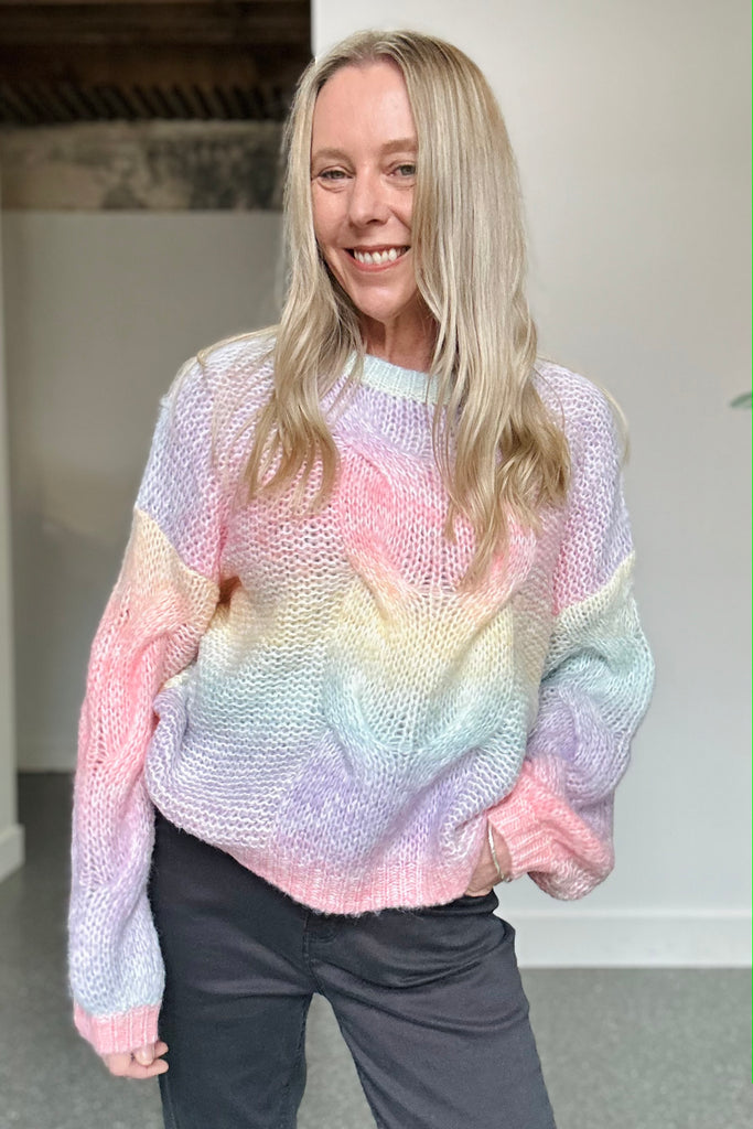 RAINBOW CABLE KNIT JUMPER - YELLOW/PINK MULTI