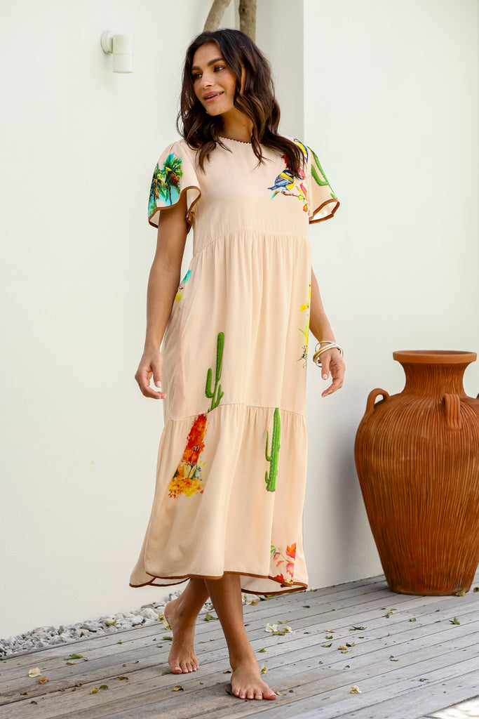 CHATEAU MIDI DRESS - PEACH CACTUS PRINT