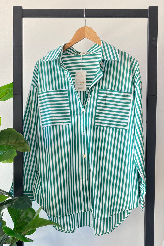 KATE COTTON STRIPE SHIRT - GREEN/WHITE