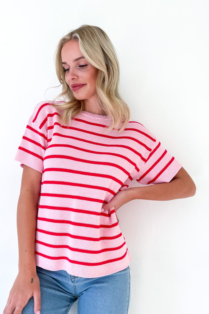 LEA COTTON KNIT TEE - PINK/RED STRIPE