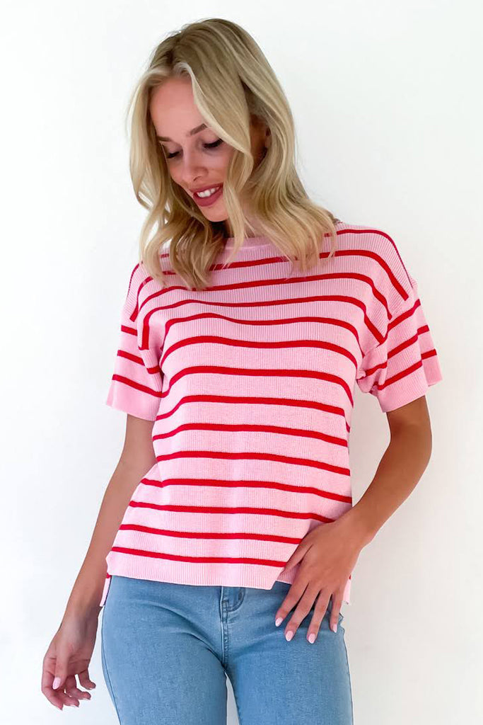 LEA COTTON KNIT TEE - PINK/RED STRIPE