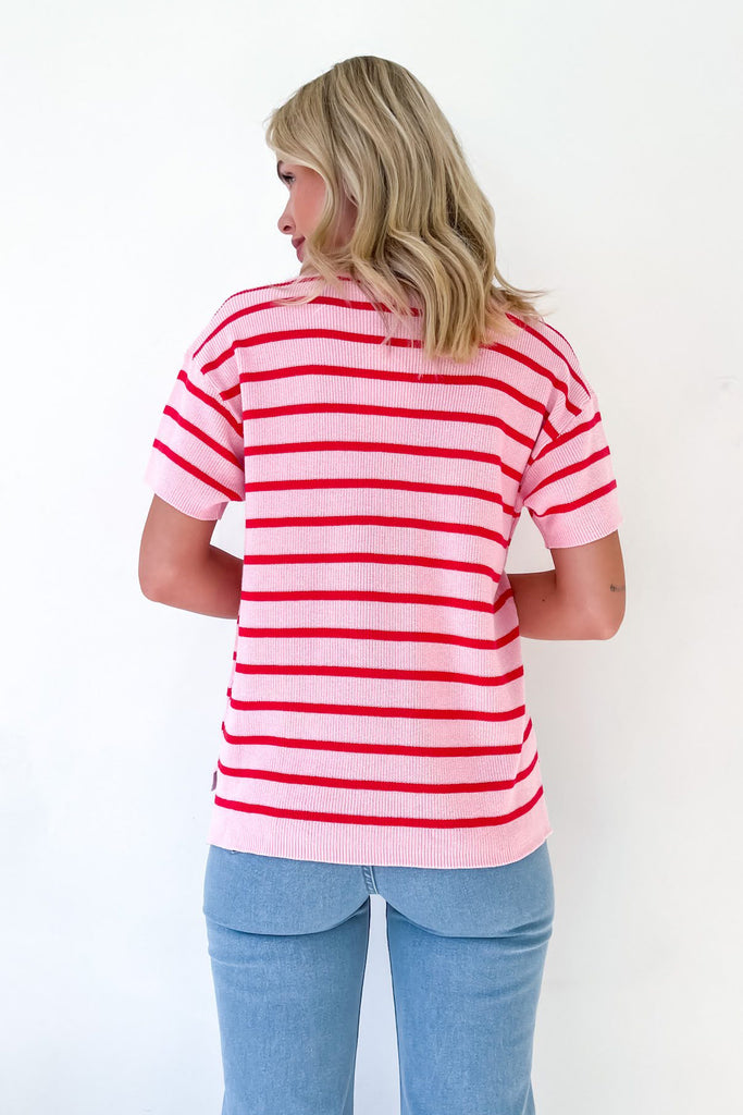 LEA COTTON KNIT TEE - PINK/RED STRIPE