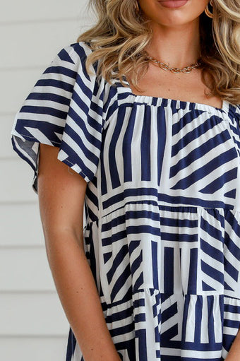 LEXI SQUARE NECK TOP - NAVY/WHITE PRINT