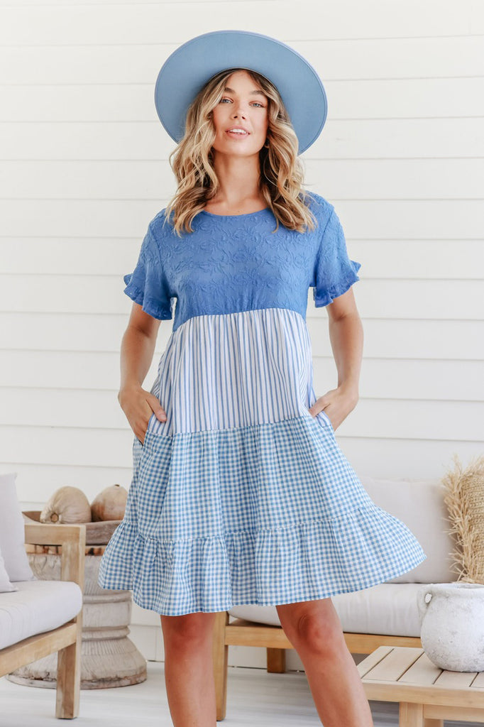 MIA COTTON TIER DRESS - BLUE GINGHAM / LACE