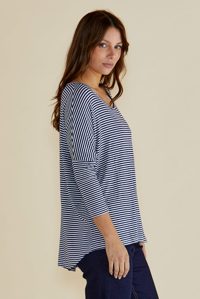 MILAN 3/4 SLEEVE BASIC TOP - NAVY BLUE / WHITE STRIPE