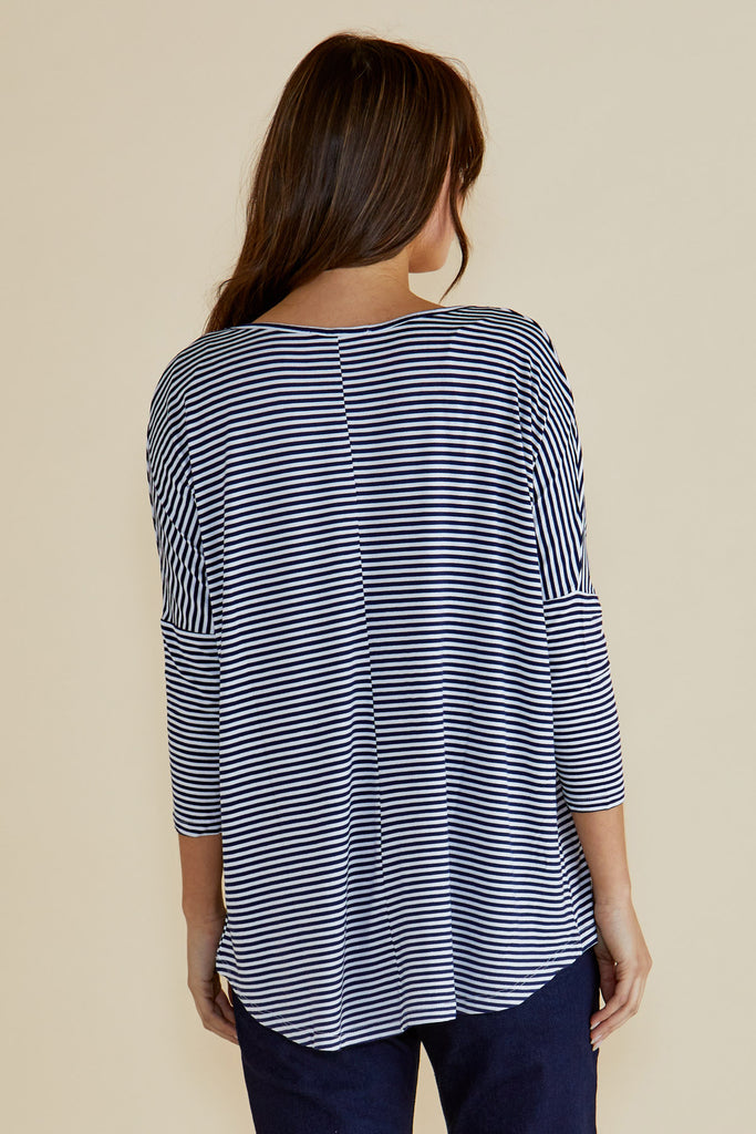 MILAN 3/4 SLEEVE BASIC TOP - NAVY BLUE / WHITE STRIPE