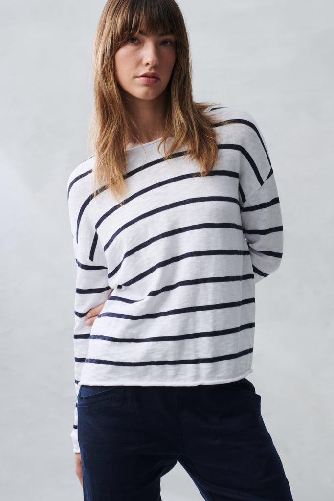 MINNIE COTTON KNIT TOP - WHITE/NAVY STRIPE