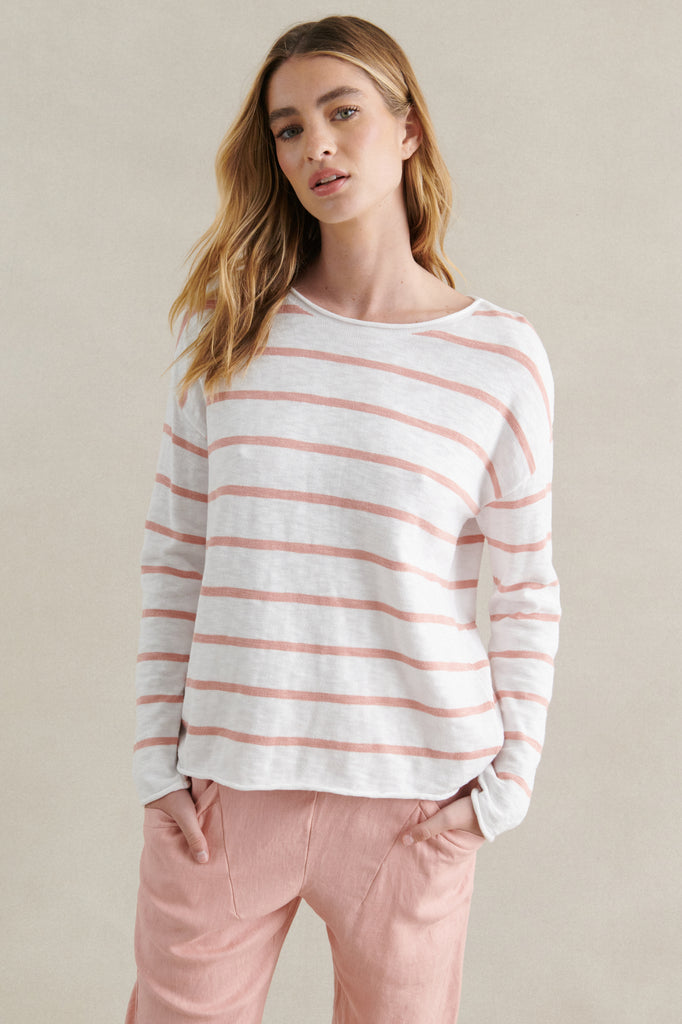 MINNIE COTTON KNIT TOP - WHITE/PEACH STRIPE