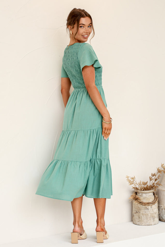 MOLLY LINEN BLEND MIDI DRESS - SAGE