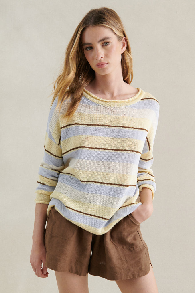 MULTI STRIPE LONG SLEEVE KNIT TOP - LEMON/BLUE MULTI