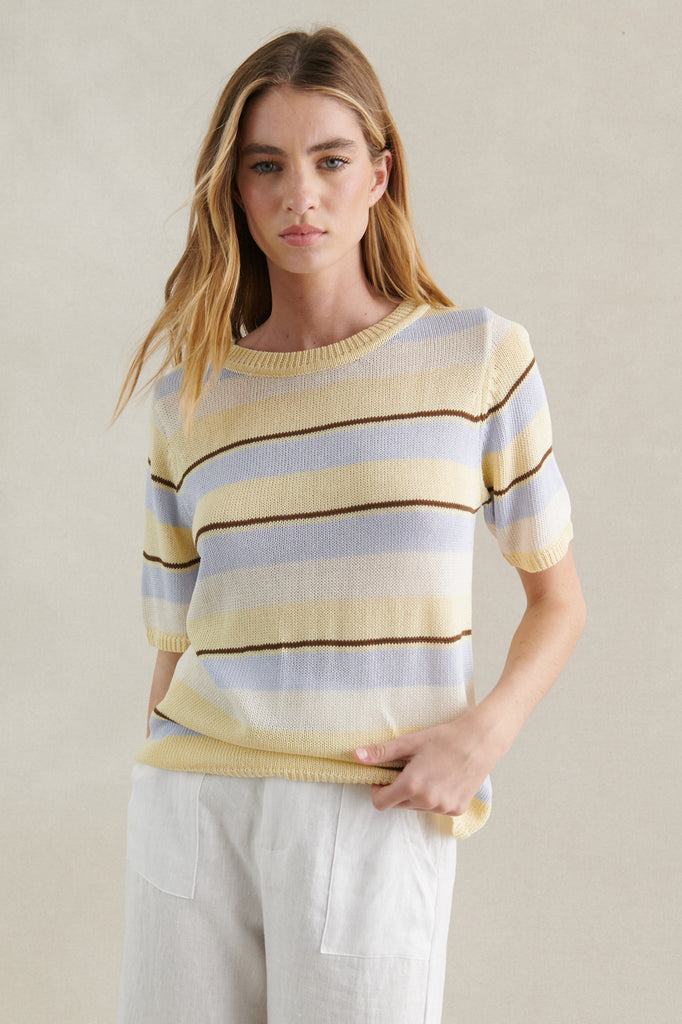 MULTI STRIPE KNIT TEE - LEMON/BLUE MULTI