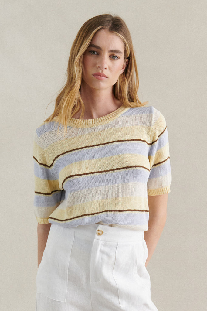 MULTI STRIPE KNIT TEE - LEMON/BLUE MULTI