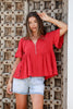 NERI LINEN BLEND BUTTON RUFFLE TOP - RED