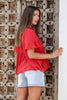 NERI LINEN BLEND BUTTON RUFFLE TOP - RED