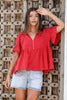 NERI LINEN BLEND BUTTON RUFFLE TOP - RED