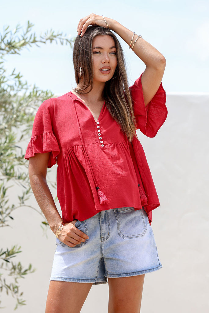 NERI LINEN BLEND BUTTON RUFFLE TOP - RED