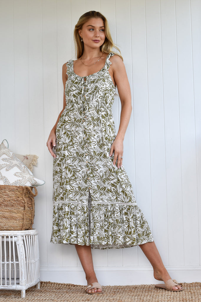 SANTORINI BUTTON DOWN DRESS - GREEN PRINT