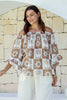 SOLEIL LINEN BLEND SHIRRED TOP - TAN PRINT