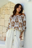 SOLEIL LINEN BLEND SHIRRED TOP - TAN PRINT