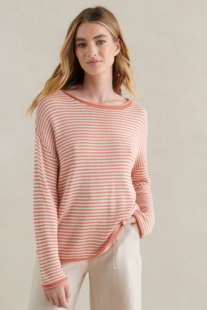 SPRING KNIT LONG SLEEVE TOP - PEACH/WHITE STRIPE