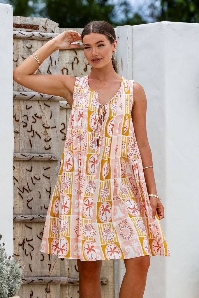 SUNSET PALM TIE DRESS - BLUSH MULTI PRINT